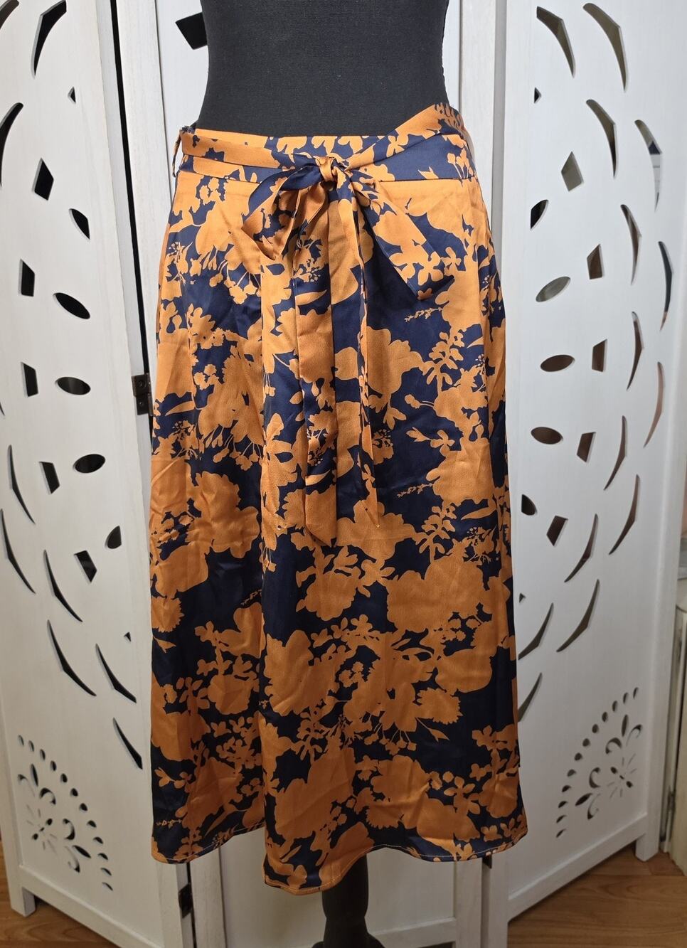 NWT Allegra K High Waist Belted Slit A-Line Midi Floral Print Skirt Size M